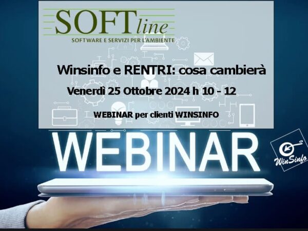 Una mano che regge un computer portatile e la scritta con titolo e data del webinar per clienti Winsinfo