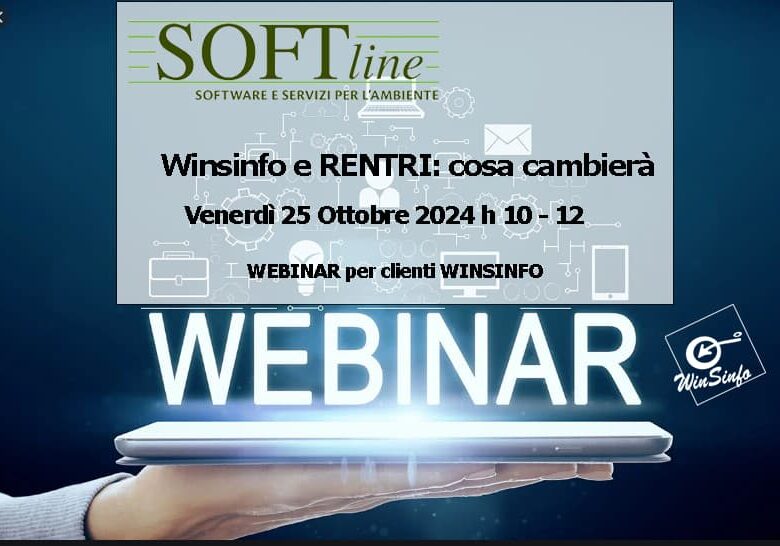 Una mano che regge un computer portatile e la scritta con titolo e data del webinar per clienti Winsinfo