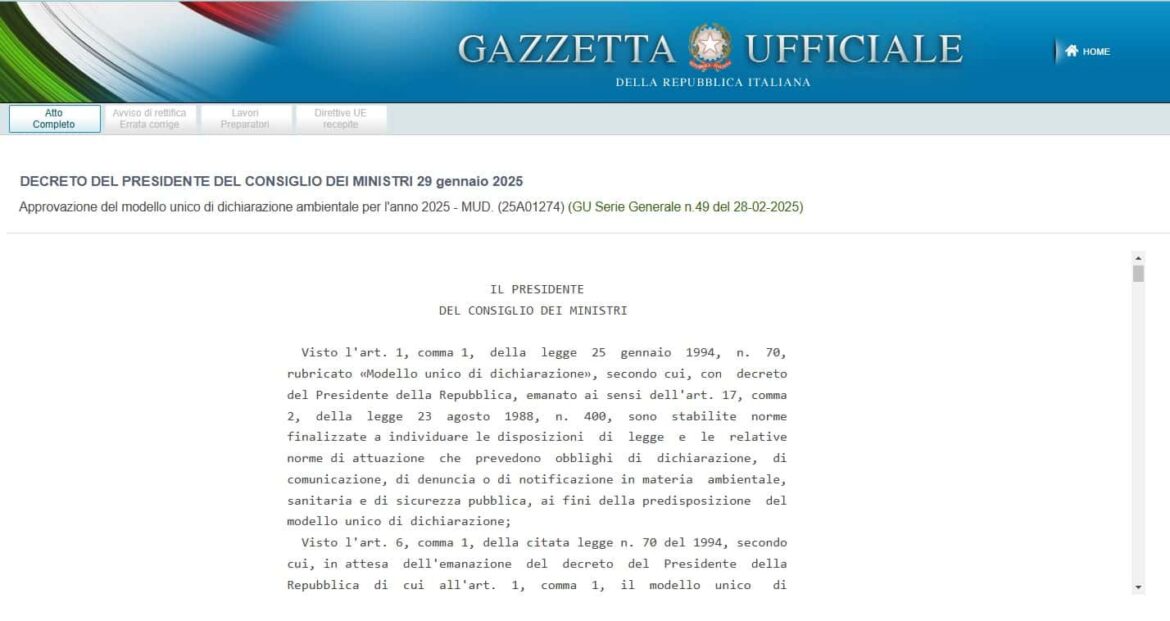 Gazzetta Ufficiale: pubblicazione del decreto con il MUD 2025